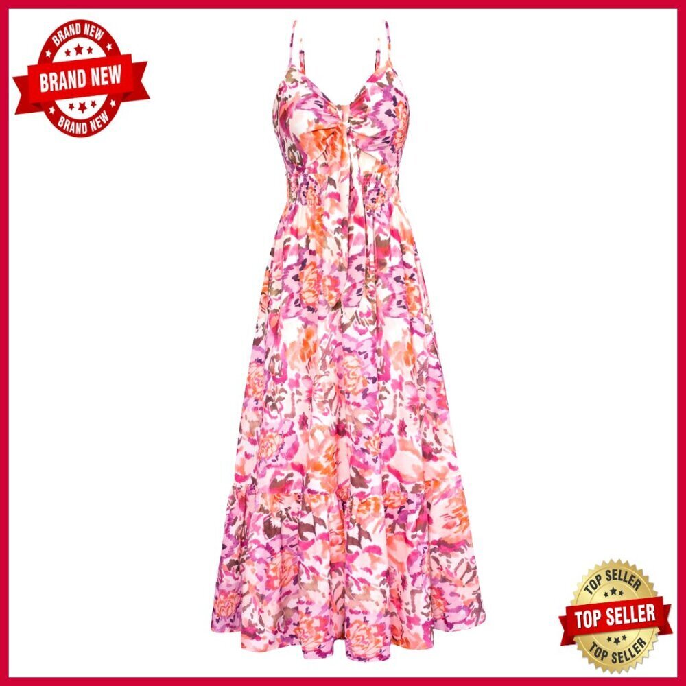Floral Maxi Dress Boho Chic Summer Casual Spaghetti Strap Tie Front Flowy